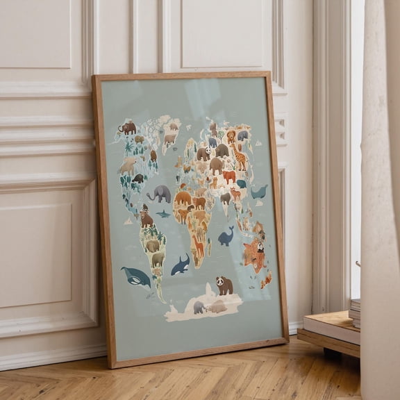Animal World Map Wall Art, Nursery Animal Map Print, Safari Wildlife Decor, Playroom Poster Unframed Paper Print