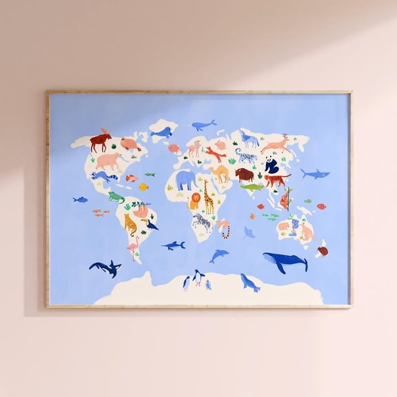 Animal World Map Wall Art Print, Unframed Paper Poster 8x10in