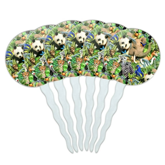 Animal World Panda Elephant Cheetah Pattern Cupcake Picks Toppers Decoration Set of 6