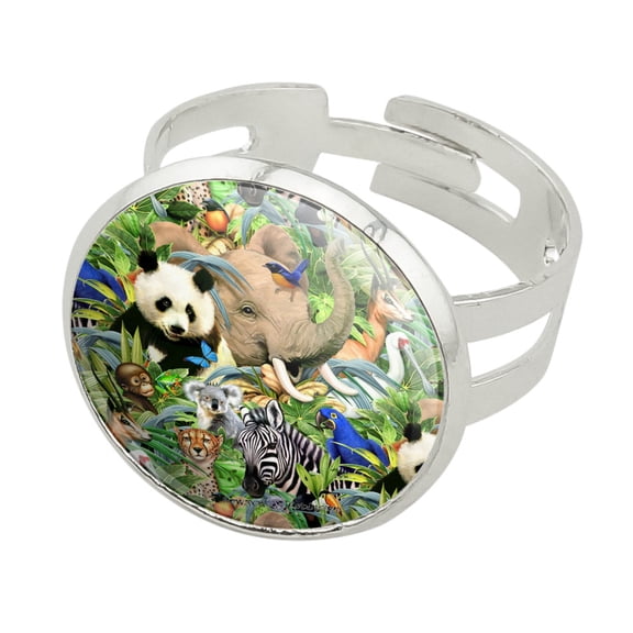 Animal World Panda Elephant Cheetah Pattern Silver Plated Adjustable Novelty Ring
