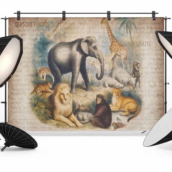 Animal World Photography Backdrop 7x5FT, Elephant Tiger Giraffe Vintage Newspapers Texture Photo Backdrops, Background for Photography Studio Photo Studio Background, Back Drop for Photoshoot