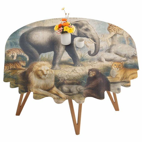 Animal World Round Tablecloth 54 inches Elephant Tiger Giraffe Vintage Newspapers Texture Waterproof Oil-Proof Table Cloth Round Table Cover for Holiday Party Picnic Dinner Decor Indoor Outdoor Use