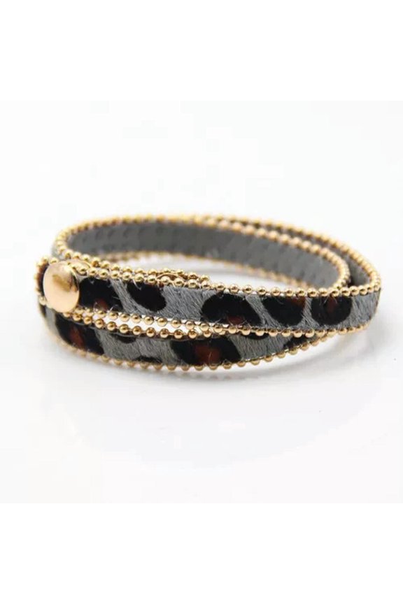 Animal Wrap Print Leoprad Bangle Bracelet Suede Leather Button Boutique Jewelry