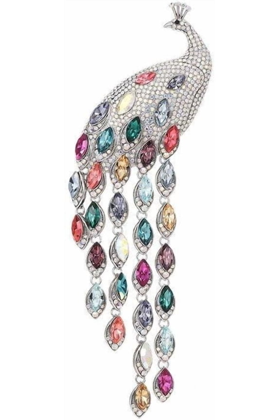 Silver-Tone Multicolor CZ Peacock Brooch for Women – Long Dangle Feather Pin with Sparkling Accents, Elegant Jewelry Gift for Mom & Wife