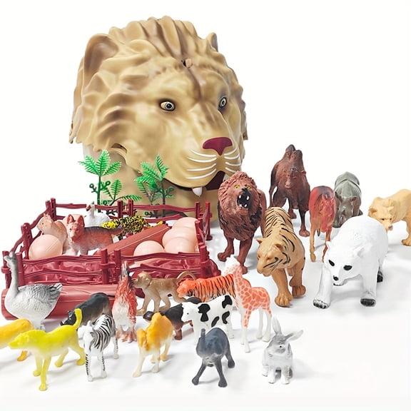 Animal-themed Children's Toy Sets - 46-Piece Lion-Head Storage Bin Set - Realistic Large Wildlife Statues - African Jungle Animal Toys - Lions, Tigers, Eggs, Trees, Fences, and More!