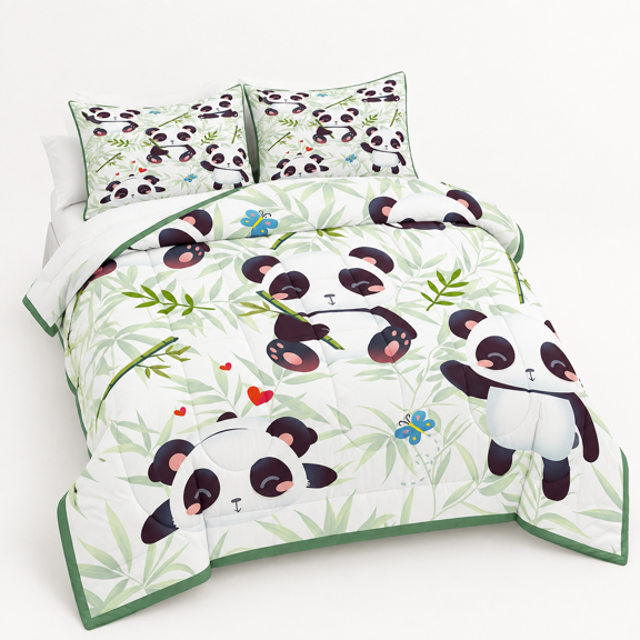 Animals 02-Full Size Cute Panda Print 3-Piece Bedding Quilt Set