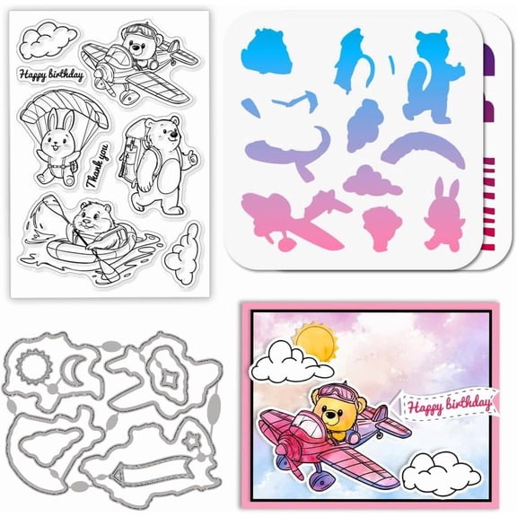 Animals Adventure Clear Stamp Rabbit Bear Groundhog Travel Cutting Die PET Paint Craft Template Stencils Set for Card Making and DIY Embossing Scrapbooking Craft Decor Colorful DIY