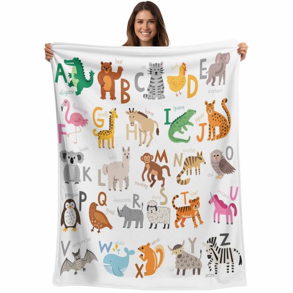 Animals Alphabetes Blanket Soft Cozy Warm Throw Blanket for Couch, Plush Fuzzy Flannel Fleece Blankets for Sofa, Cartoon Learning Educational Bed Blankets Lightweight Gifts for Women, 30"x40"