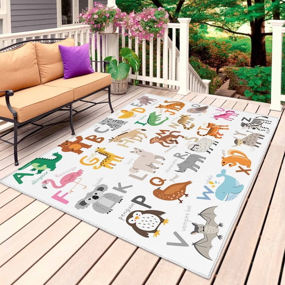 Animals Alphabetes Outdoor Rug 4x6 Ft, Non Slip Washable Area Rug, Cartoon Learning Educational Patio Rugs Carpet Runner, Large Floor Mat for Indoor/Outdoor Deck Porch Camping