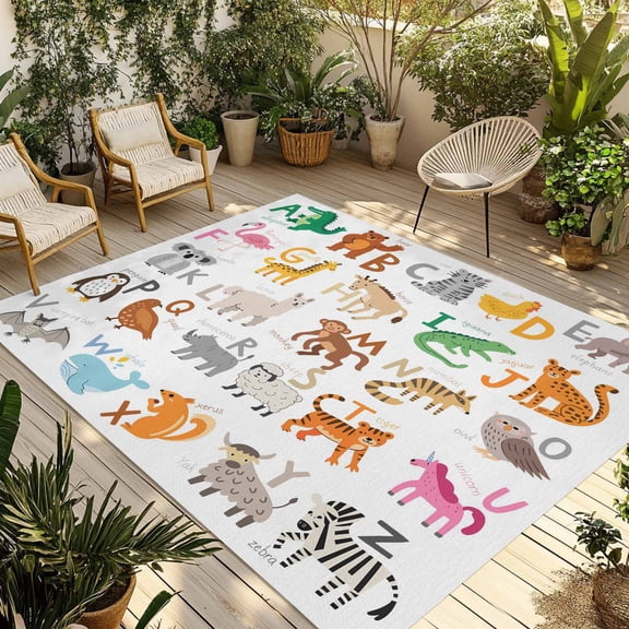 Animals Alphabetes Outdoor Rug 4x6 Ft - Reversible Patio Rug Outdoor Camping Rugs, Cartoon Learning Educational Washable Indoor Outdoor Area Rugs, Non-Slip Outdoor Carpet Runner for Deck/Porch