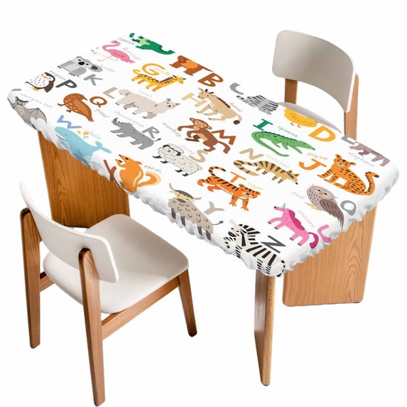 Animals Alphabetes Table Cloths for 6 Foot Rectangle Tables, Cartoon Learning Educational Patio Waterproof Elastic Fitted Tablecloths, Washable Rectangular Table Cover for Camping