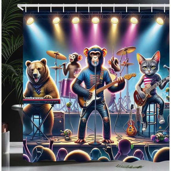 Animals Band Shower Curtain, Whimsical Concert Monkey with Keyboardist Bear Guitarist Cat, Cloth Fabric Bathroom Decor Set with Hooks, 69" W x 84" L, Blue Purple and Pale Mustard