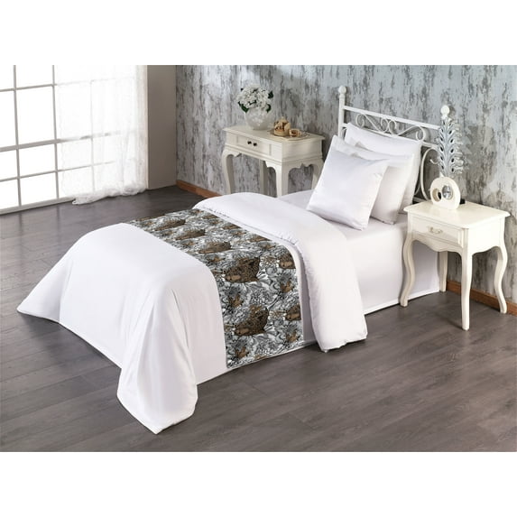 Animals Bed Runner, Wild Nature Vibe Leopard Drawing With Monochrome Flora Illustration, Decorative Accent Bedding Scarf for Hotels Homes & Guest Rooms, Twin, Sepia Off White and Black, by Ambesonne