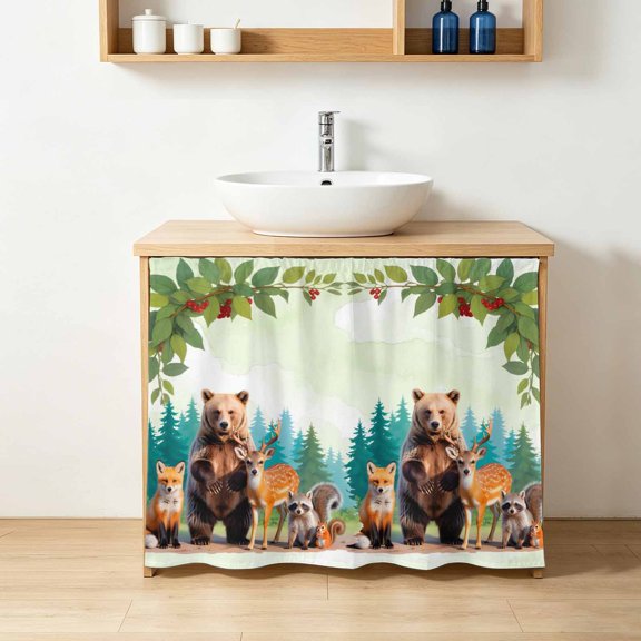 Animals Cabinet Curtains 10"Wx11"L, Forest Bear Fox Deer Raccoon Squirrel Leaf Branch Berry Green Under-Desk Privacy Dust Proof Drape Dishwasher Curtain Sink Skirt for Kitchen Closet Bathroom Laundry