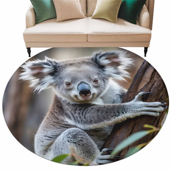 Animals Cute Koala Area Rug, Brown Tree Green Leaf Nature Plant Washable Large Circle Carpet, Non Slip Round Rug for Living Room/Bedroom/Dining Room/Home Office/Dorm