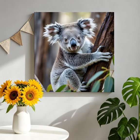 Animals Cute Koala Canvas Wall Art, Brown Tree Green Leaf Nature Plant Pictures Wall Decor Wooden Framed Artwork Art Prints for Living Room Hallway Bedroom Office 8"x8"