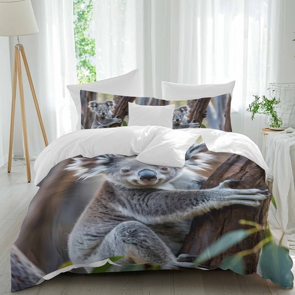 Animals Cute Koala Full Size Comforter Set, Brown Tree Green Leaf Nature Plant Bedding for All Seasons, 4 Pcs Bed Set, 1Quiltcover (86"x86") ,1Sheet(80"x116"), 2Pillowcases (30"x20")