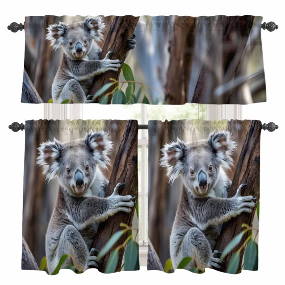 Animals Cute Koala Kitchen Curtains Valances and Tiers Set of 3 Brown Tree Green Leaf Nature Plant Tier Curtains and Valance with Rod Pocket for Small Windows, 27.5"x24"