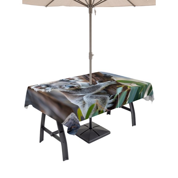 Animals Cute Koala Rectangle Outdoor Tablecloth with Umbrella Hole Brown Tree Green Leaf Nature Plant 60x84 Inch Waterproof Table Cover Zippered Table Cloth for Garden Patio