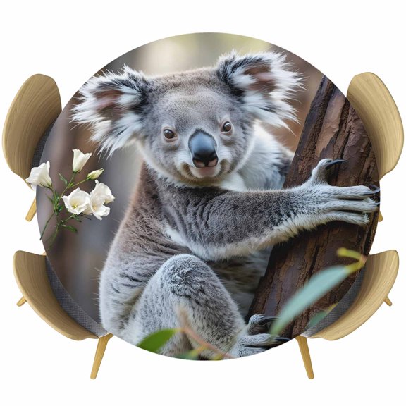 Animals Cute Koala Round Fitted Tablecloth with Elastic Edge, Brown Tree Green Leaf Nature Plant Stretch Table Covers for 36"-44" Tables Wipeable Table Cloth for Outdoor