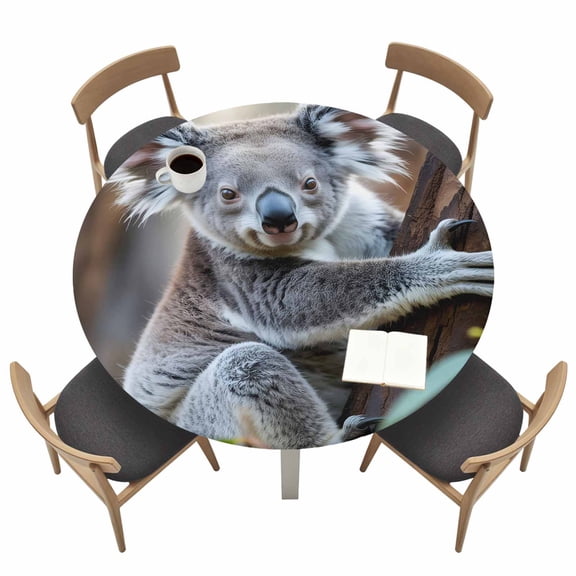 Animals Cute Koala Round Fitted Tablecloth with Elastic Edge Brown Tree Green Leaf Nature Plant Table Cover Fit for 55"-60" Tables Waterproof Tablecloths for Dinner Camping Picnic