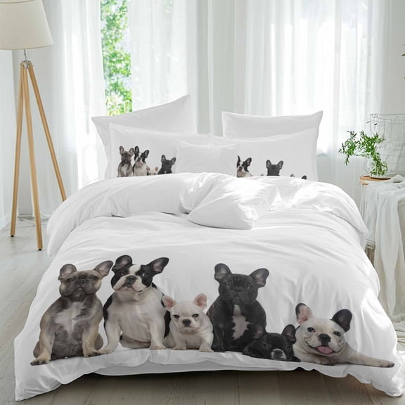 Animals Dogs Queen Size Comforter Set, Cute Bullfight Black Dag Lovely Simple Bedding for All Seasons, 4 Pcs Bed Set, 1Quiltcover (90"x92") ,1Sheet(94"x116"), 2Pillowcases (30"x20")