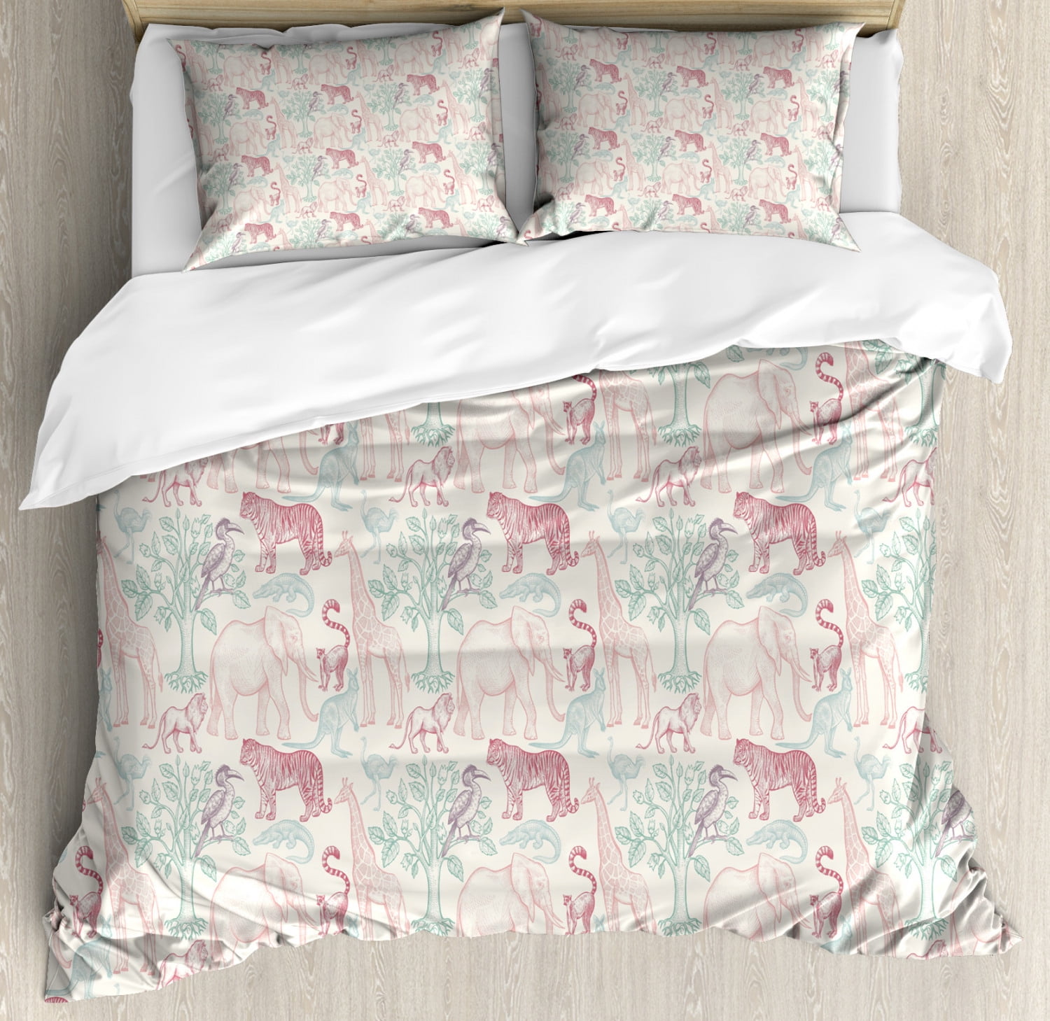 Animals Duvet Cover Set King Size, African Safari Tiger Elephant Giraffe Lion Peacock Hipster Illustration, Decorative 3 Piece Bedding Set with 2 Pillow Shams, Rose Pink Mint Green, by Ambesonne