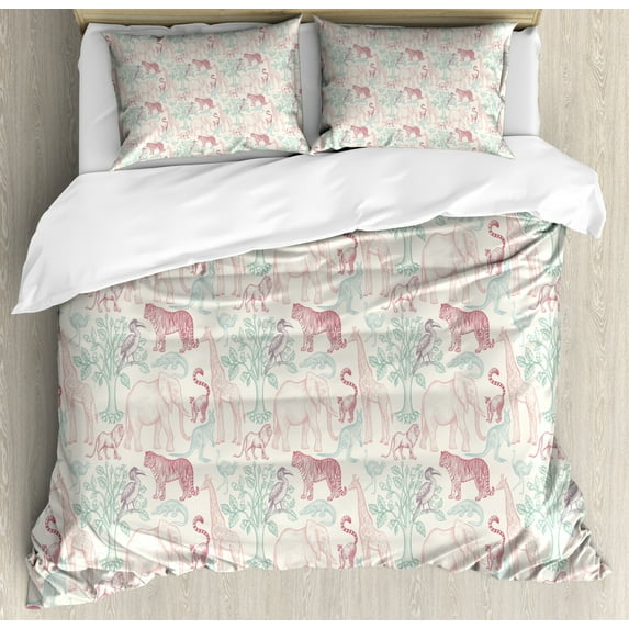 Animals Duvet Cover Set King Size, African Safari Tiger Elephant Giraffe Lion Peacock Hipster Illustration, Decorative 3 Piece Bedding Set with 2 Pillow Shams, Rose Pink Mint Green, by Ambesonne