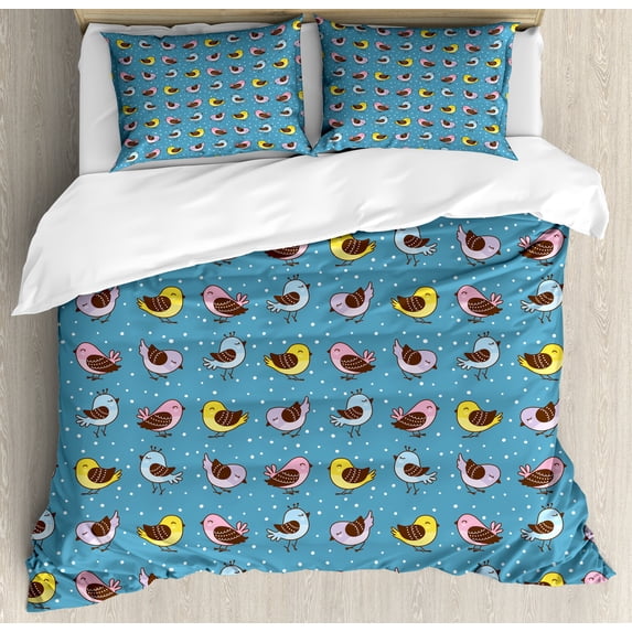 Animals Duvet Cover Set, Natural Theme Colorful Happy Little Bird Patterns and Dots Avian Animal, Decorative 3 Piece Bedding Set with 2 Pillow Shams, King Size, Slate Blue Multicolor, by Ambesonne