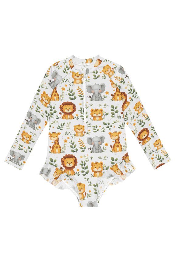 Animals Elephant Tiger One-Piece Swimsuit Long Sleeve UV Sun Protection UPF50+ Rashguard Front Zip Quick-Dry Swimwear for 3-12 Years