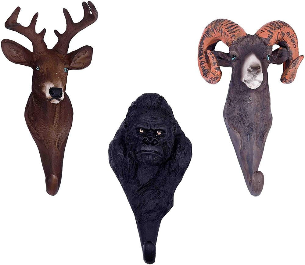 Animals Elk, Gorilla & Ram Resin Wall Coat Hooks (Set of 3)