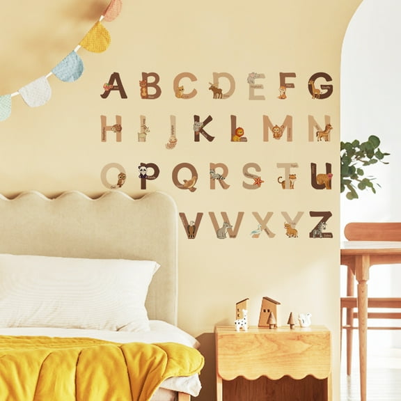 Animals English Letters Wall Stickers, Self-Adhesive Background Wall Decoration for Living Room, Removable and Waterproof for Kids Room or Classroom, Easy to Install