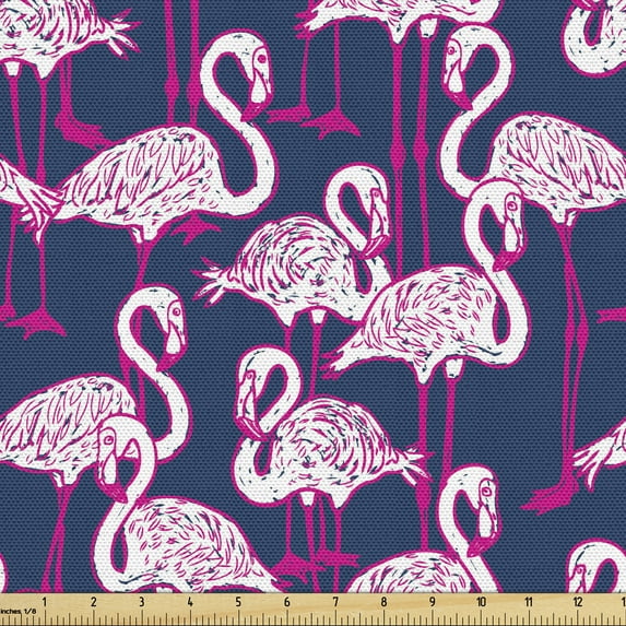 Animals Fabric by the Yard, Cartoon Exotic Birds Pink Flamingos Images in Hand Drawn Style Natural Art, Decorative Upholstery Fabric for Sofas and Home Accents, Pink and Dark Blue by Ambesonne