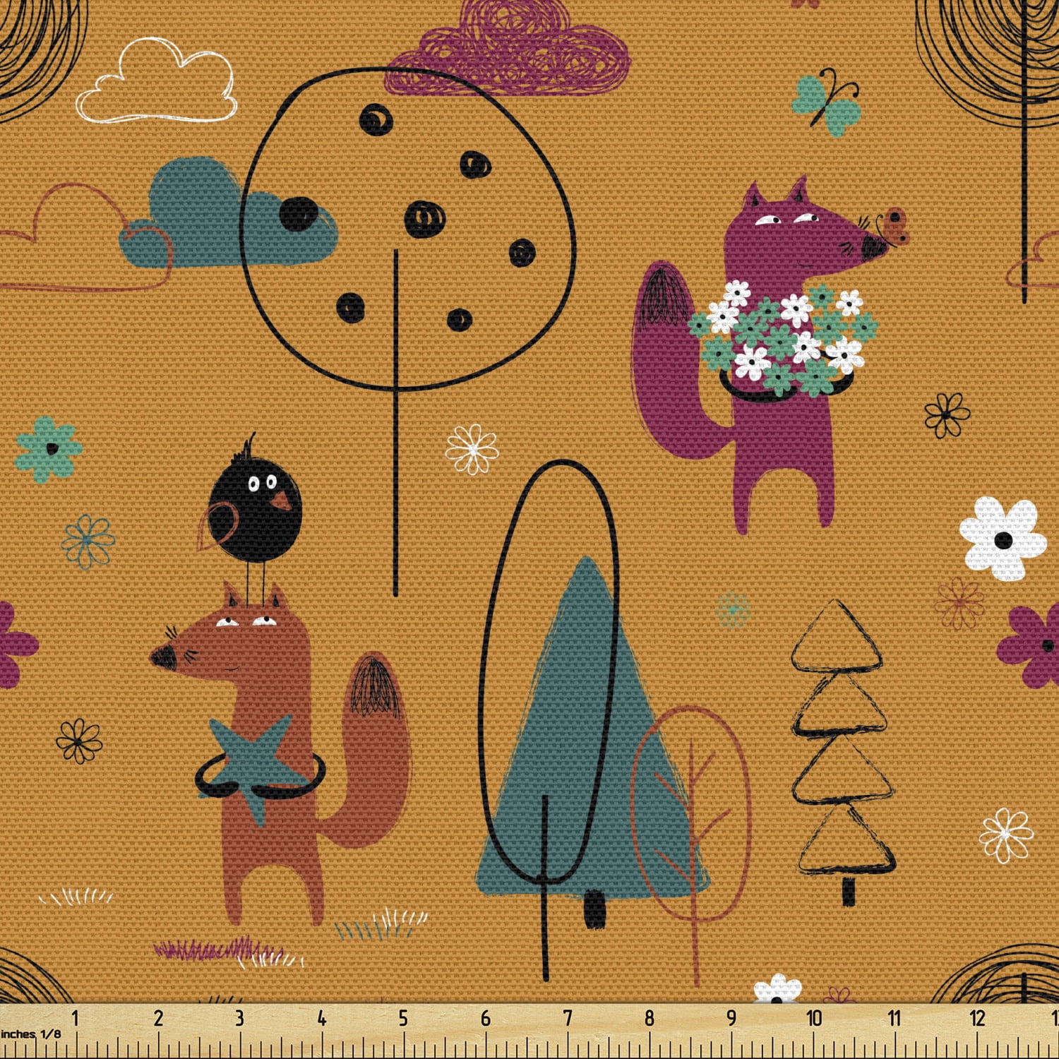 Ambesonne Animals Fabric by the Yard Upholstery, Cartoon Foxes and