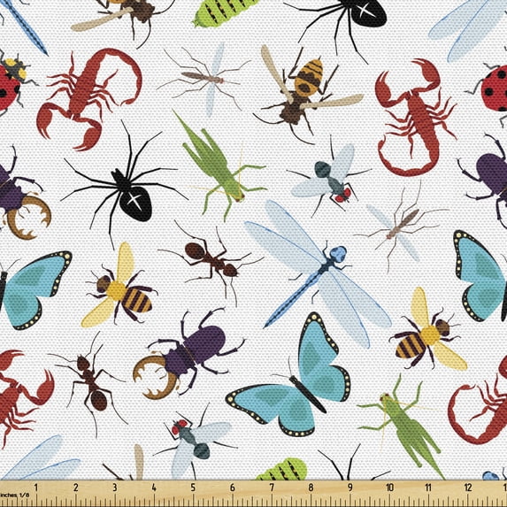 Ambesonne Animals Fabric by the Yard Upholstery, Colorful Insects Bugs, 1 Yard, Multicolor