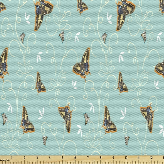Animals Fabric by the Yard, Colorful Ornamental Butterflies Images Along Swirly Abstract White Floral Shapes, Decorative Upholstery Fabric for Chairs & Home Accents, Multicolor by Ambesonne