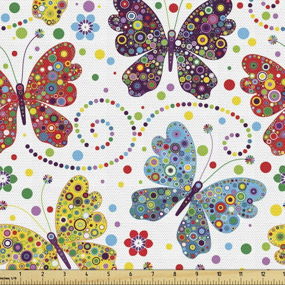 Ambesonne Animals Fabric by the Yard Upholstery, Abstract Butterflies Images, 5 Yards, Multicolor