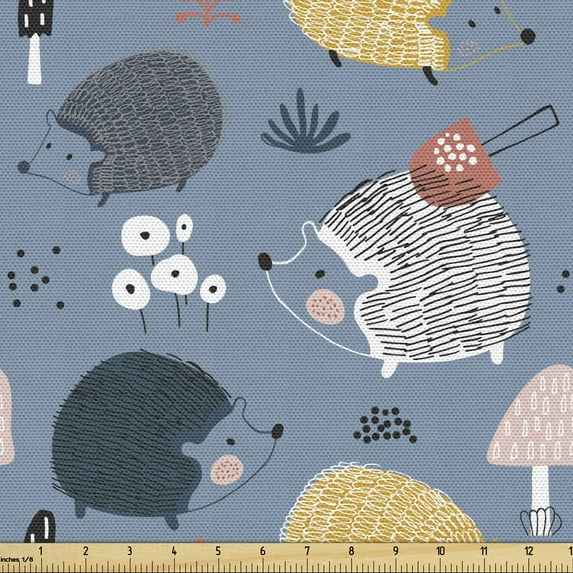Ambesonne Animals Fabric by the Yard Upholstery, Funny Hedgehogs Walking, 1 Yard, Multicolor