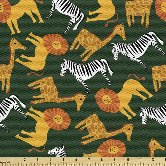 Animals Fabric by the Yard, Natural Theme Cartoon Lions Zebras and Giraffes in Style African Wildlife, Decorative Upholstery Fabric for Chairs & Home Accents, Multicolor by Ambesonne