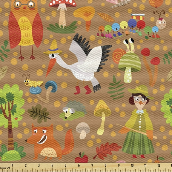 Animals Fabric by the Yard Upholstery, Autumn Season Concept with Cartoon Forest Creatures Trees and Fallen Leaves Print, Decorative Fabric for DIY and Home Accents, 2 Yards, Multicolor by Ambesonne