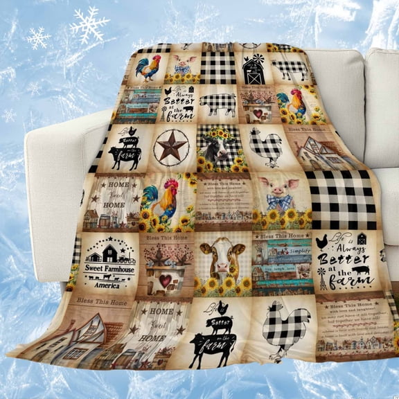 Animals Farmhouse Cooling Blanket,Lightweight Breathable Summer Throw Blanket with Double Sided Cold Effect,Vintage Farm Country Star Brown Plaid Picnic Blankets Bed Sheet for Hot Sleepers 30"x40"