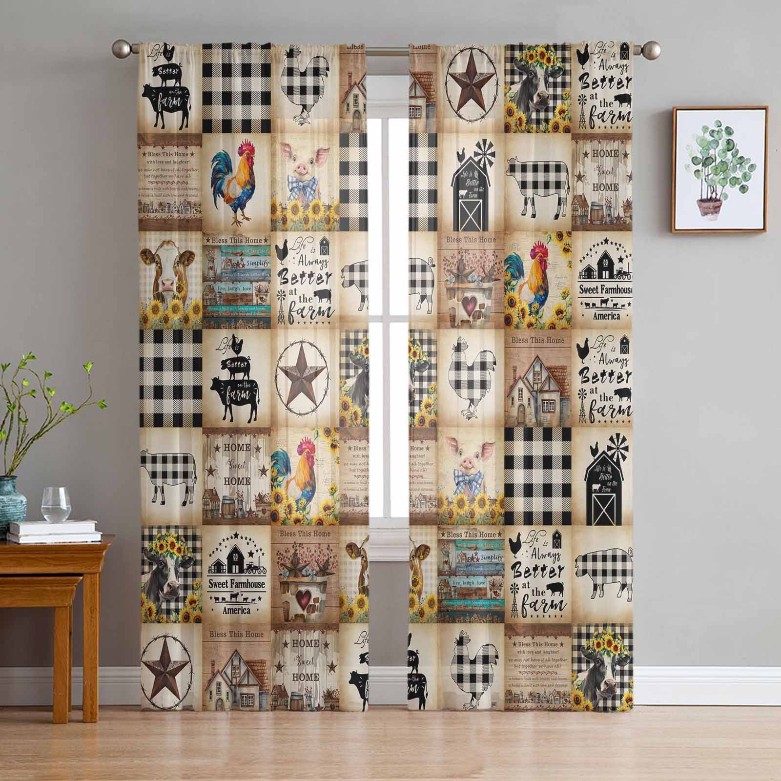 Animals Farmhouse Semi Sheer Curtains 72 Inch Length 2 Panels Set