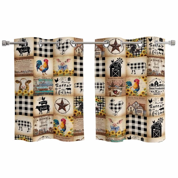 Animals Farmhouse Window Curtains Panels with Silver Grommet,Vintage Farm Country Star Brown Plaid Kitchen Cafe Curtain Draperies Window Treatment Set for Living Room/Bedroom/Bathroom/Cafe,55x39