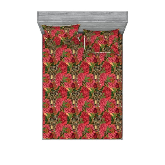Animals Fitted Sheet & Pillow Sham Set, Tropical Theme Leopard Illustration With Flora Ornaments Print Art, Decorative Printed 3 Piece Bedding Decor, Full, Pale Mustard and Pale Pink, by Ambesonne