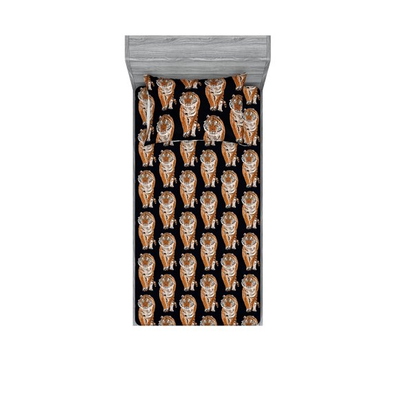 Animals Fitted Sheet & Pillow Sham Set, Wild Nature Inspired Digital Drawn Tiger Pattern on Darkened Back, Decorative Printed 2 Piece Bedding Decor, Twin, Charcoal Grey Dark Yellow, by Ambesonne