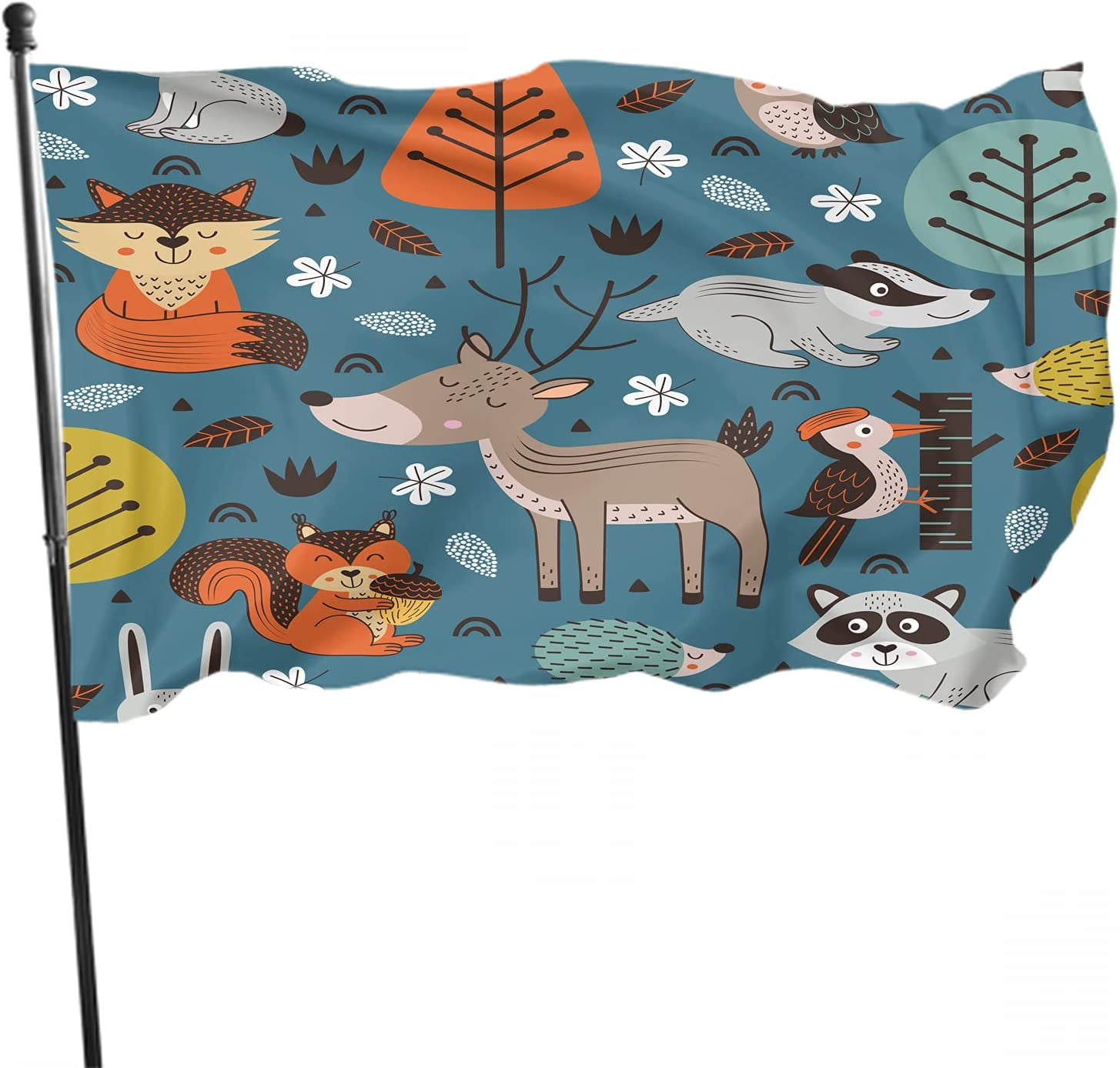 Animals Flag 4x6 Ft Outdoor,fox Raccoon Owl Woodpecker Hare Deer 