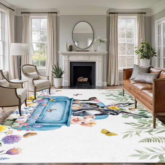 Animals Flowers 5'x8' Area Rug for Living Room, Weeping Spring Floral Elegant Pastoral Washable Non-Slip Rugs for Bedroom Nursery Dining Room, Low-Pile Kitchen Carpet Large Entryway Rugs