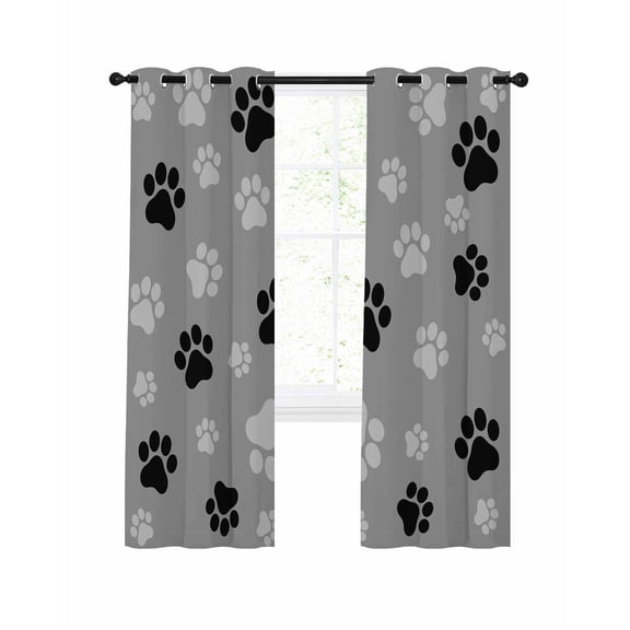 Animals Footprints Blackout Curtains 63 Inch Length Black Dogs Paws Pattern Gray Background Thermal Insulated Window Curtain Window Drapes 2 Panels for Bedroom Living Room 42"Wx63"L