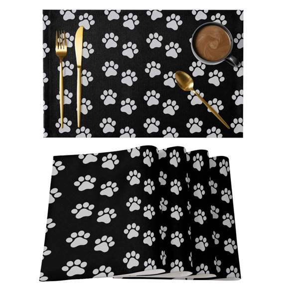 Animals Footprints Cotton Linen Placemats Set of 1, Dogs Paws Pattern Black Background Washable Table Place Mats Heat Insulating Placemat for Dining Room Kitchen Daily Use 13 x 19 Inch