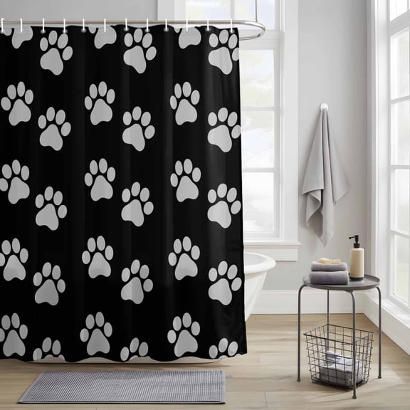 Animals Footprints Fabric Shower Curtain for Bathroom Dogs Paws Pattern Black Background Waterproof Polyester Bath Curtain with 12 Hooks Washable Shower Curtain with Grommets 36"x72"